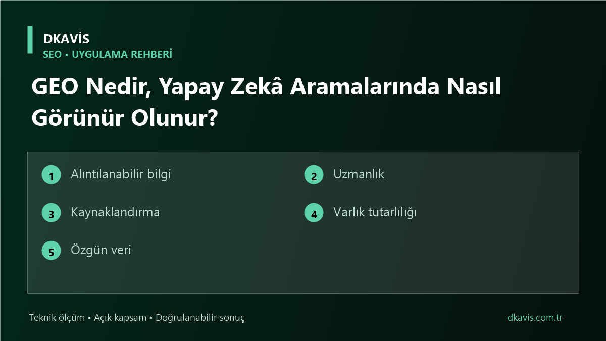 GEO Nedir, Yapay Zekâ Aramalarında Nasıl Görünür Olunur? teknik rehber kapak görseli